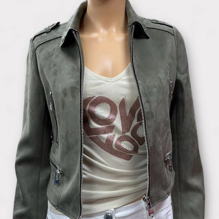 Blouson droit aspect suédine kaki