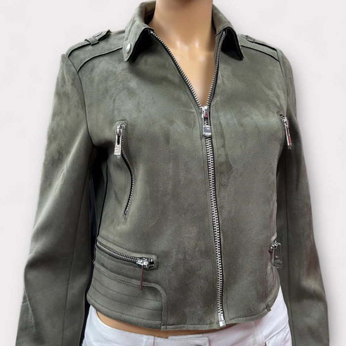 Blouson droit aspect suédine kaki