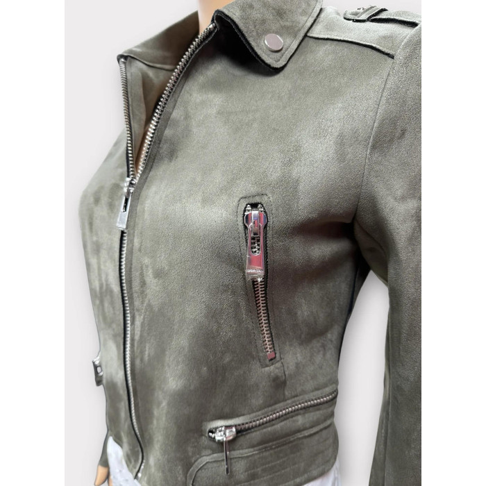 Blouson droit aspect suédine kaki